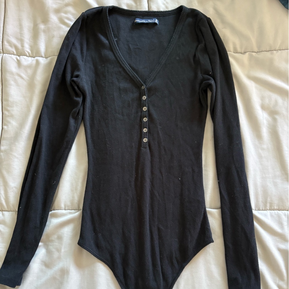Abercrombie & Fitch Black Ribbed Long Sleeve Bodysuit with Front Snap